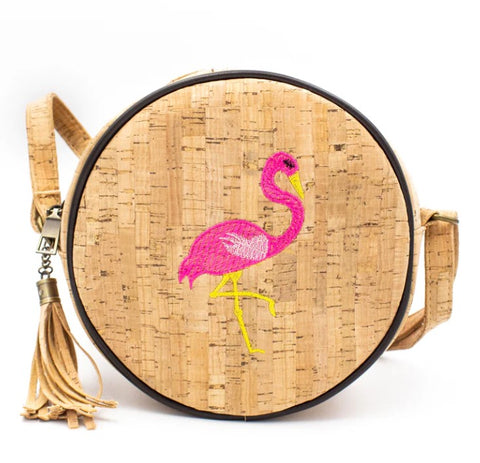 Natural round cork crossbody bag with embroidery