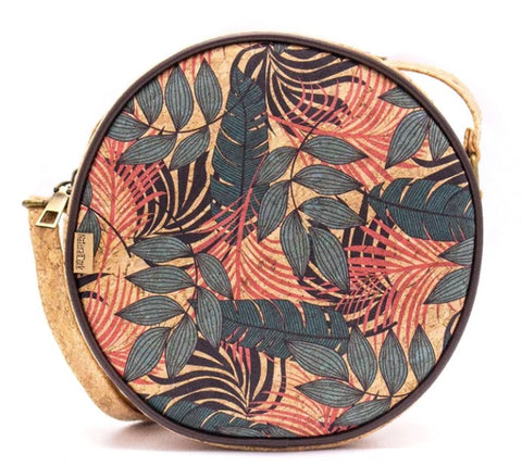 Natural round cork crossbody bag with topical print